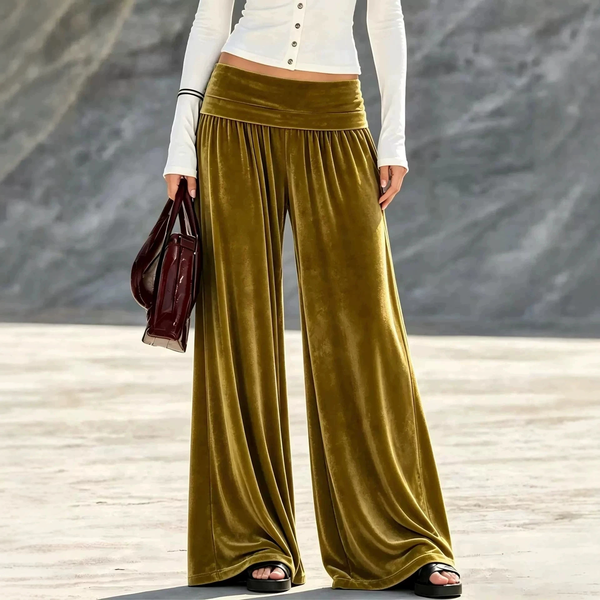 2026 New Autumn Winter Fashion Women Velvet Wide Leg Pants High Waist Fold Over Pleated Loose Draped Floor Casual Length Trouser