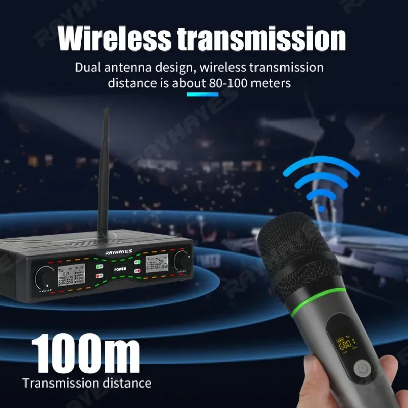 RAYHAYES RU Series 2 Dual Channel UHF Wireless Microphone Professional Cardioid Dynamic Handheld Microphone Mic System for Kara