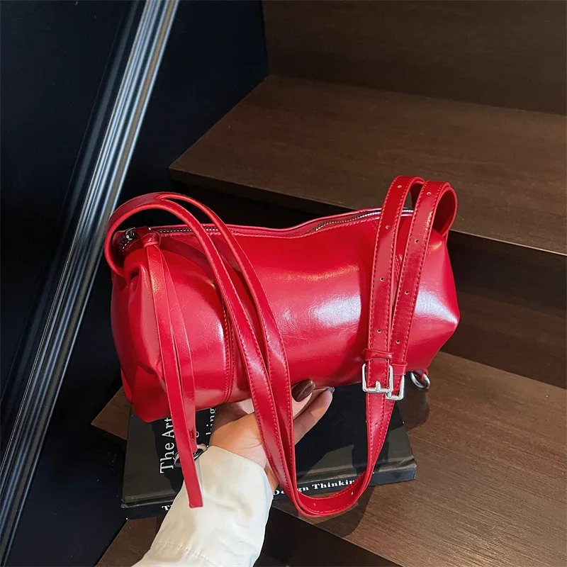 

Korean Simple PU Underarm Bags Women's Cylindrical Red Handbags Versatile Fashion Commute Single Shoulder Crossbody Bag
