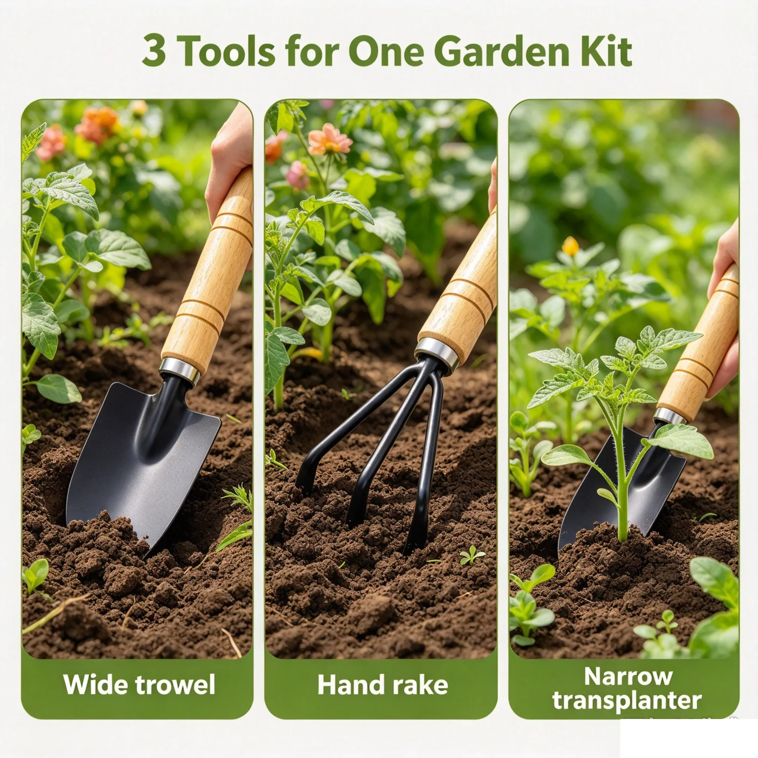 Garden Tool Set Wood Handle Metal 3Pcs For Balcony Planters Loosen Soil Transplant Succulents