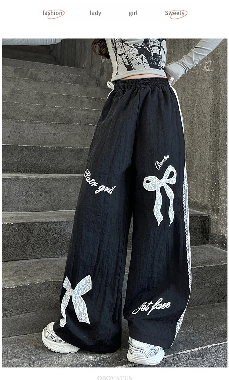 Schwarze Freizeithose für Kinder mit Spitzenschleife für Mädchen, Frühlingsmode, Spitzenhose, lockere Freizeithose mit weitem Bein, Streetwear – Detail 9