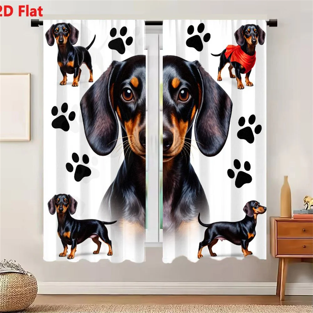 2Pcs Curtains 2D Flat Illustration Of A Black And Tan Dachshund With Four Stylized Dachshunds In Different Poses Including One I