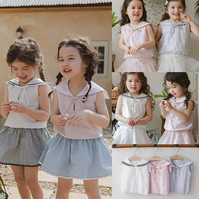 Children's Clothing 2026 New Summer Cute and Sweet Navy Collar Sleeveless Top, Stylish Half Body Pants Skirt Two-piece Set