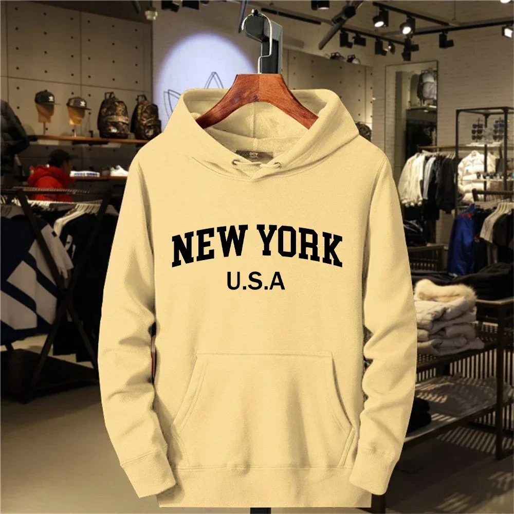 NEW YORK Letter U.S.A City Print Hoody Men Fashion Casual Long Sleeves Hooded Loose Oversize Pullover Hoodie Street Sweatshirt