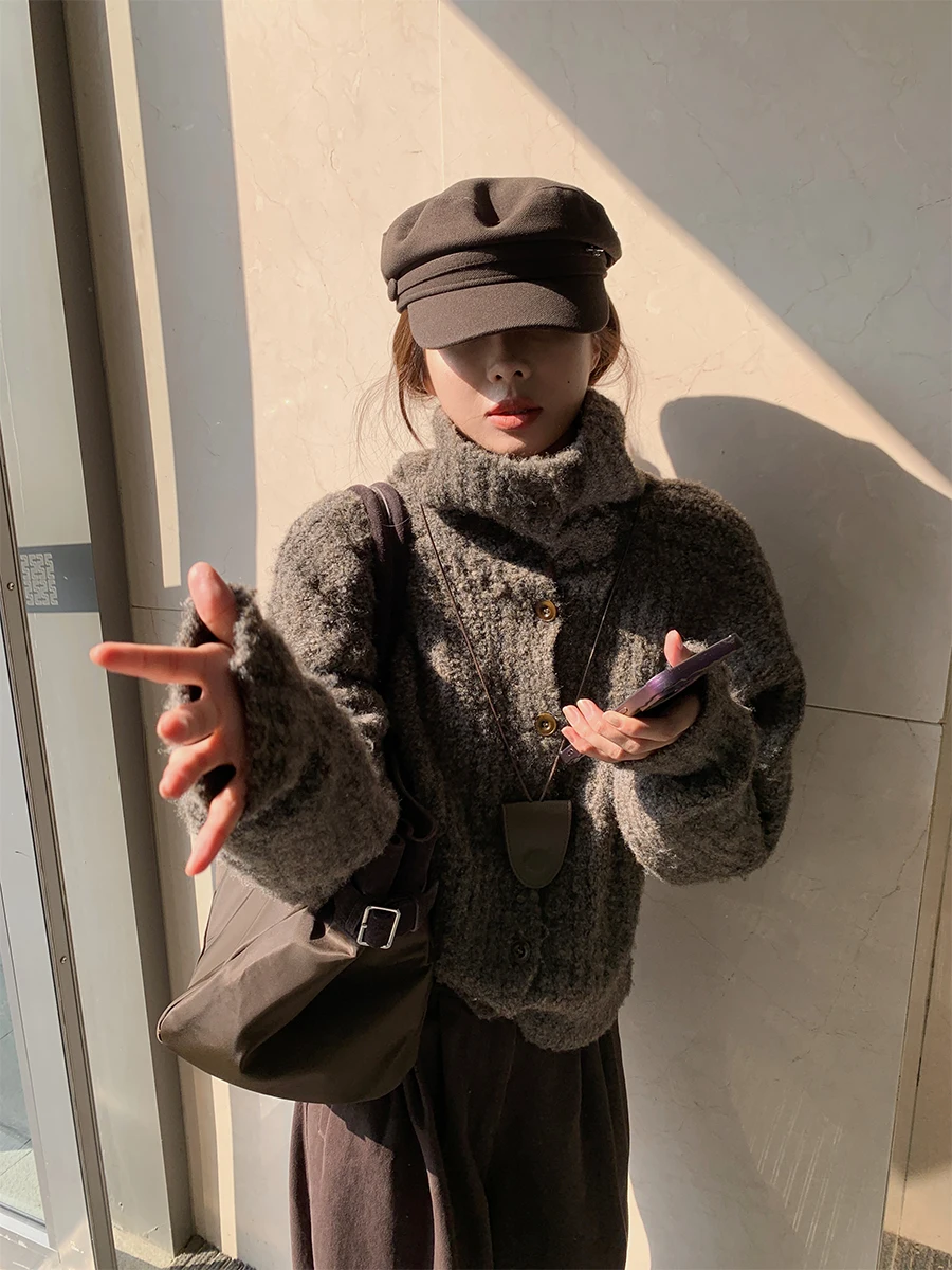 

NanaByNana: Вязаный шерстяной кардиган с высоким воротником для женщин, осенне-зимний, винтажный, в расслабленном стиле, с воротником-стойкой, вязаная верхняя одежда