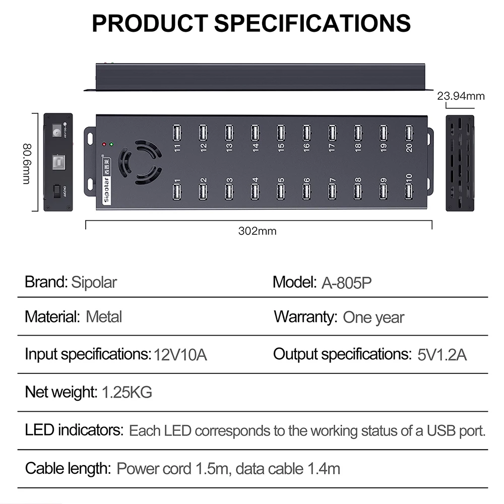 20 Port USB 2.0 Sync Charging Hub 120W Desktop Bulk Phone Charger Station Docking Station for Tablets  Phones