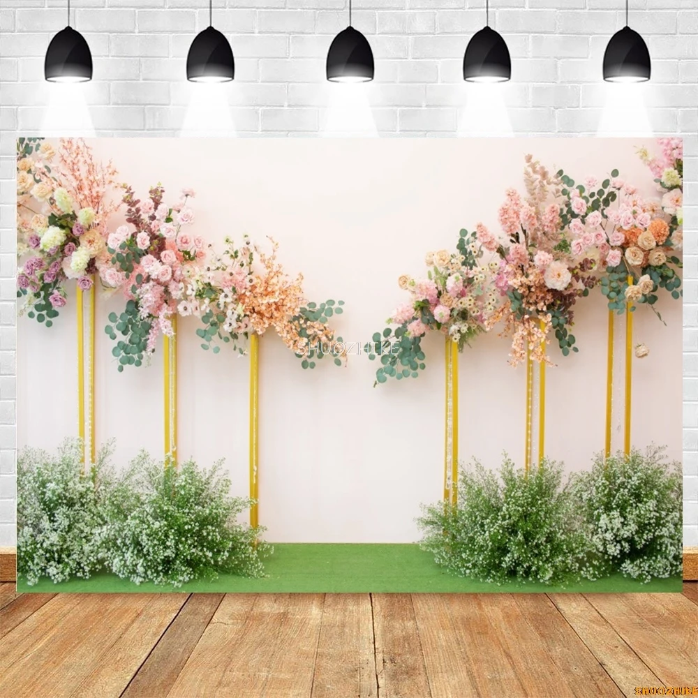 실내 웨딩 사진 배경 플로어 꽃 커튼 신부 샤워, Mr & Mrs 약혼식 초상화 포토콜 배경