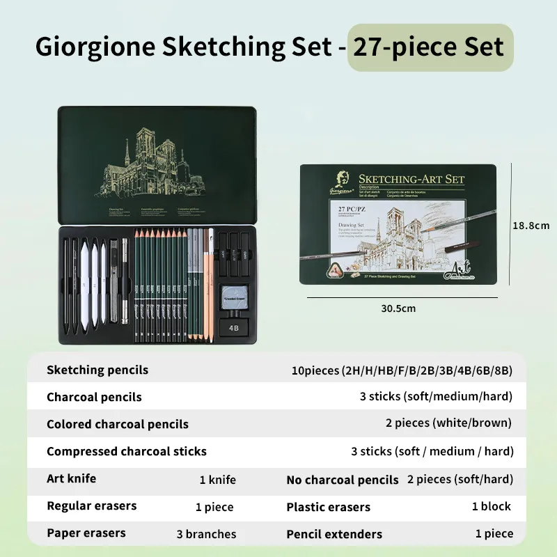 GOIRGIONE Pro Schetsset 10/12/19/27 Grafiet- en houtskoolpotloden Draagbare groene ijzeren doos Tekening Schetsen voor kunstenaars Studenten