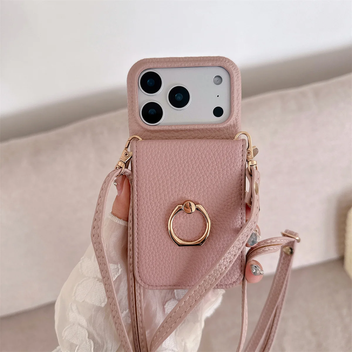 Lanière à bandoulière avec anneau porte-carte, étui portefeuille avec miroir de maquillage pour IPhone 17 Air 16E 15 14 Plus 13 12 11 Pro Max