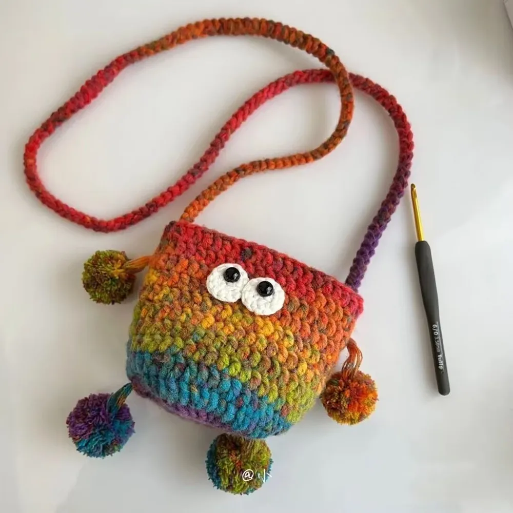 Hand Crochet Monster Crossbody Bag Colorful Gradient Yarn Small Shoulder Bag Cute Eyes Pom-pom Decor Kids Mini Messenger Bag
