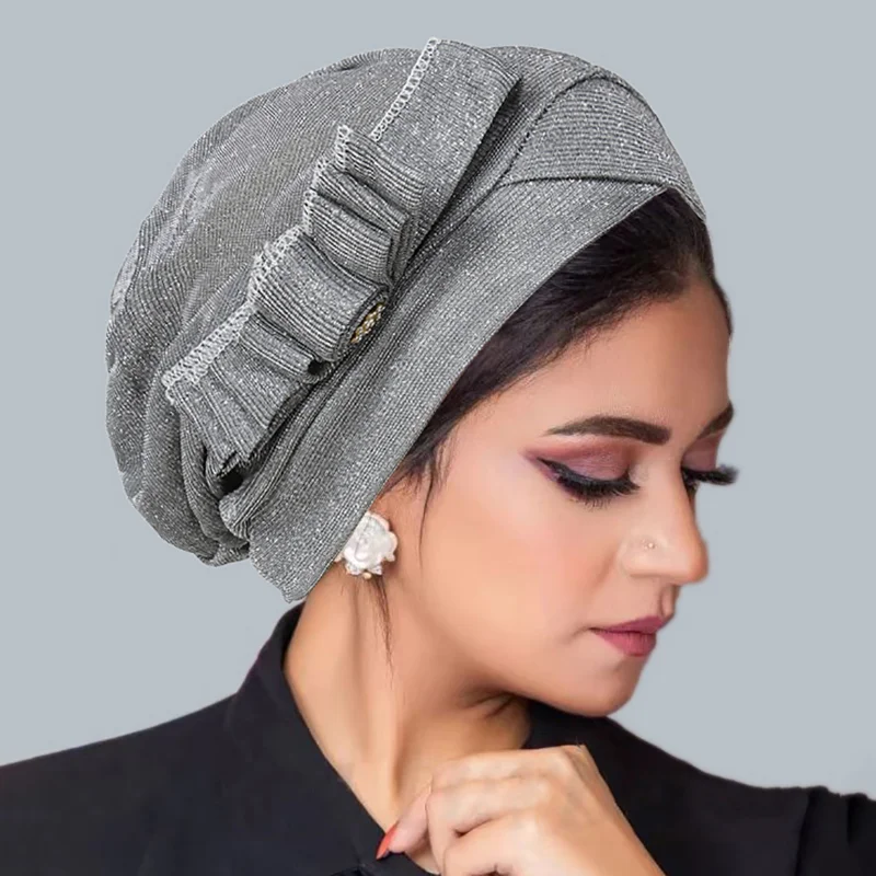 KepaHoo Beautiful Women Shiny Bowknot Beanies Muslin Ruffled Turban Hijab Headscarf Wrap Hair Cover Bonnet Cap Hat Headwear