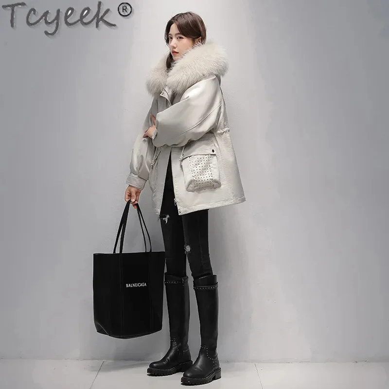 23 Tcyeek Raccoon Collar Winter Elegant Mid-long Parka Women Warm Rex Rabbit Fur Liner Detachable Coat Woman Clothes