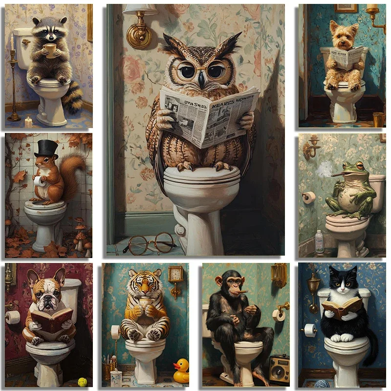 Whimsical And Interesting Bathroom Animals Sitting On The Toilet Art Posters Canvas Printing Toilet Wall Decoration Painting2027
