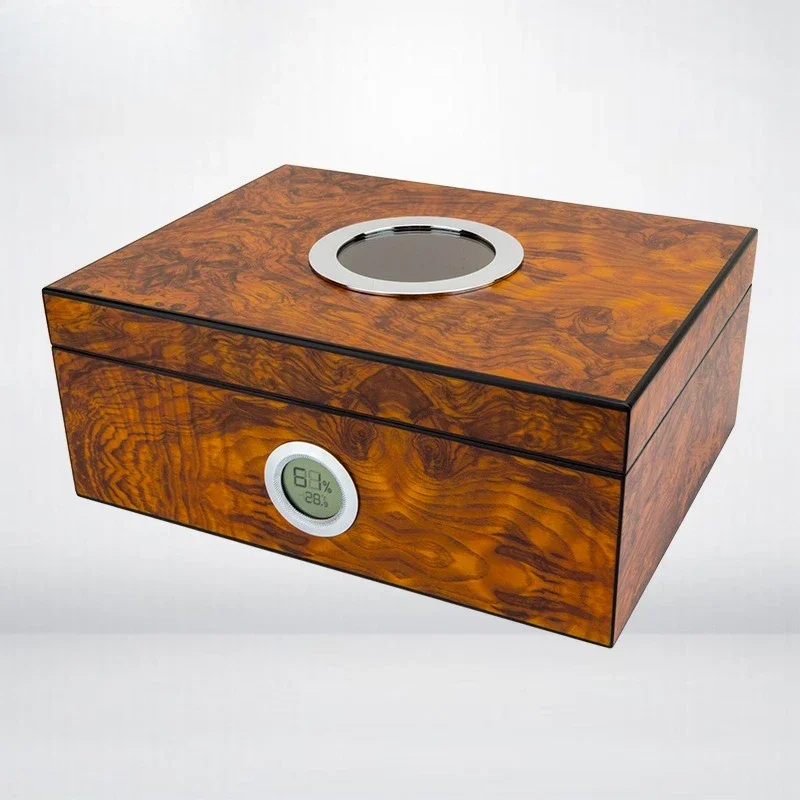 Humidor, rundes Perspektivenfenster, Zedernholz, elektronisches Temperatur- und Luftfeuchtigkeitsmessgerät, Feuchtigkeitscreme