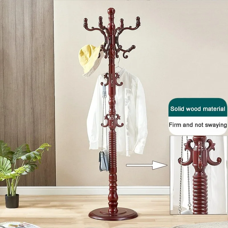 XIMSPHY Coat Rack Freestanding, Wooden Coat Rack Stand with 14 Hooks, Adjustable Floor Tree Coat Hanger for Bedroom ,185x43cm