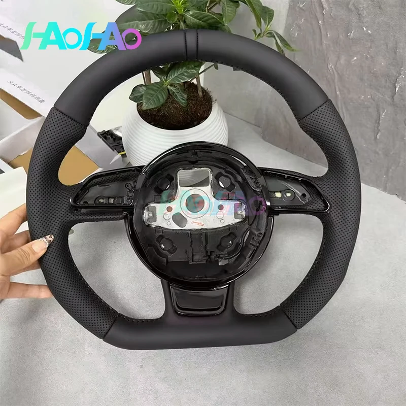 Suitable for Audi A3 A4 B8 A5 A7 Q5 Q7, flat bottomed steering wheel, 12 o'clock black leather stripe