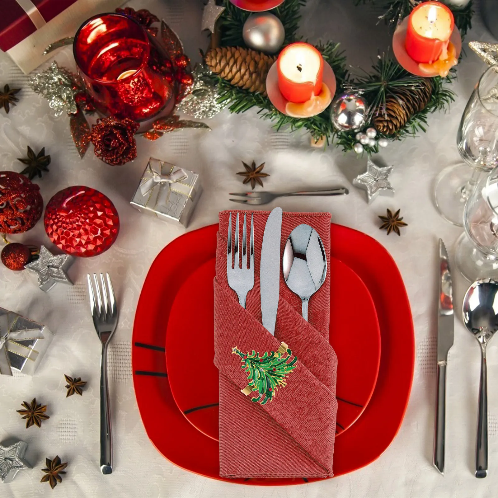 Anillos para servilletas navideños con forma de árbol de Navidad y ciervo, soporte para servilletas de tela, decoración para fiestas, mesa navideña, 4 Uds.