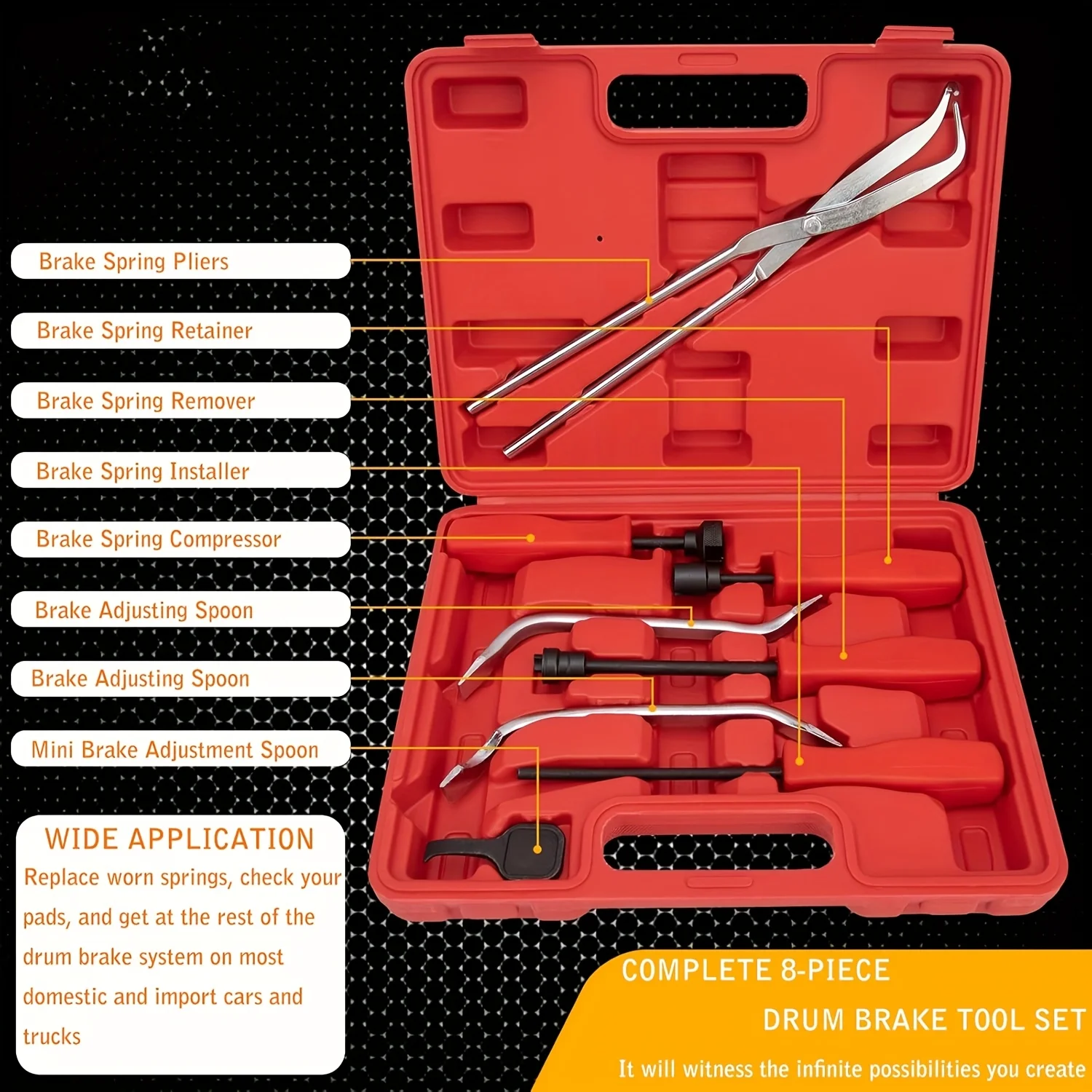 8pcs Drum Brake Tool Kit, Drum Brake Tool with Drum Brake Spring Tool/Pliers/Adjusting Tool & More, Brake Spring Compressor