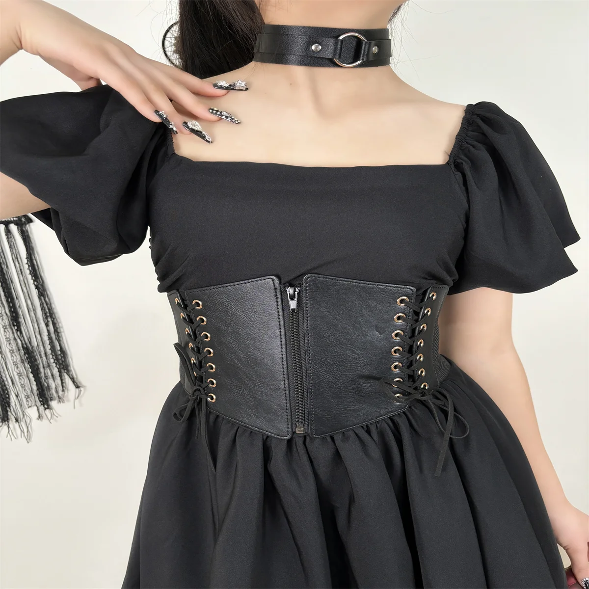 Corset Women's Leather Pu Wide Belt Women's Dress Vintage Zipper Drawstring Medieval Plastic Belt