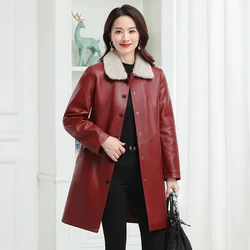 2023 Autumn Winter New Women Mid-Length Leather Coat Fashion Loose Warm Large Size Outwear FemaleTemperament pu leather jacket