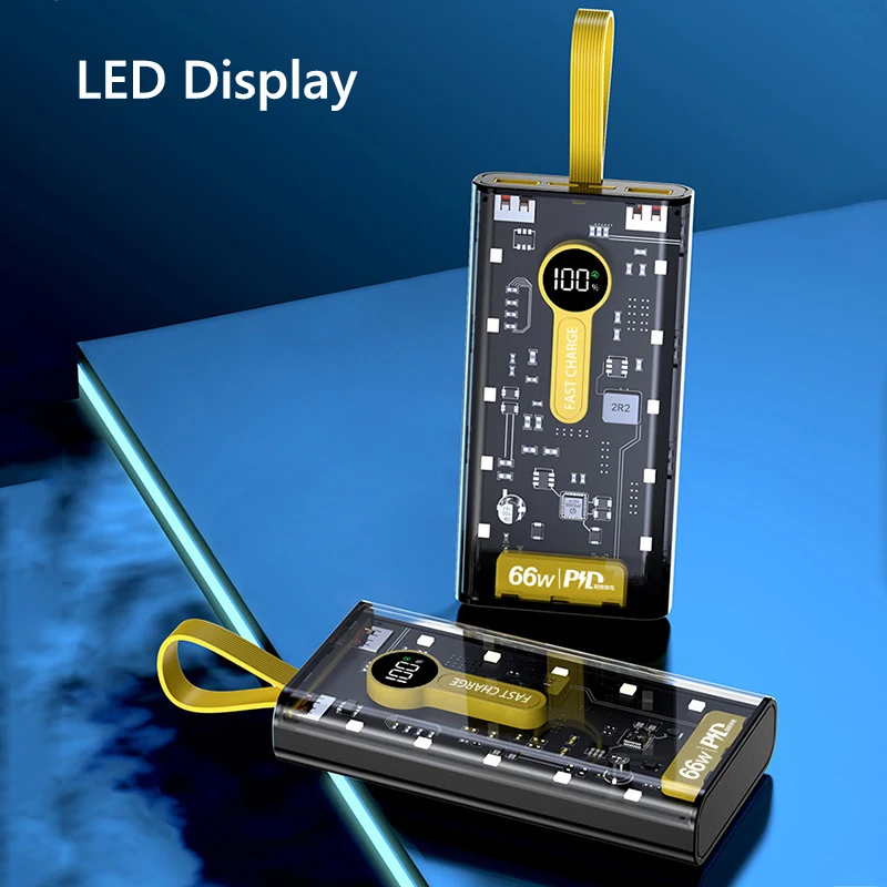 66 واط 200000 باور بانك بسعة كبيرة mAh مع 4 كابلات شحن سريع شاحن بطارية محمول لهاتف iPhone 16 Samsung Huawei Xiaomi