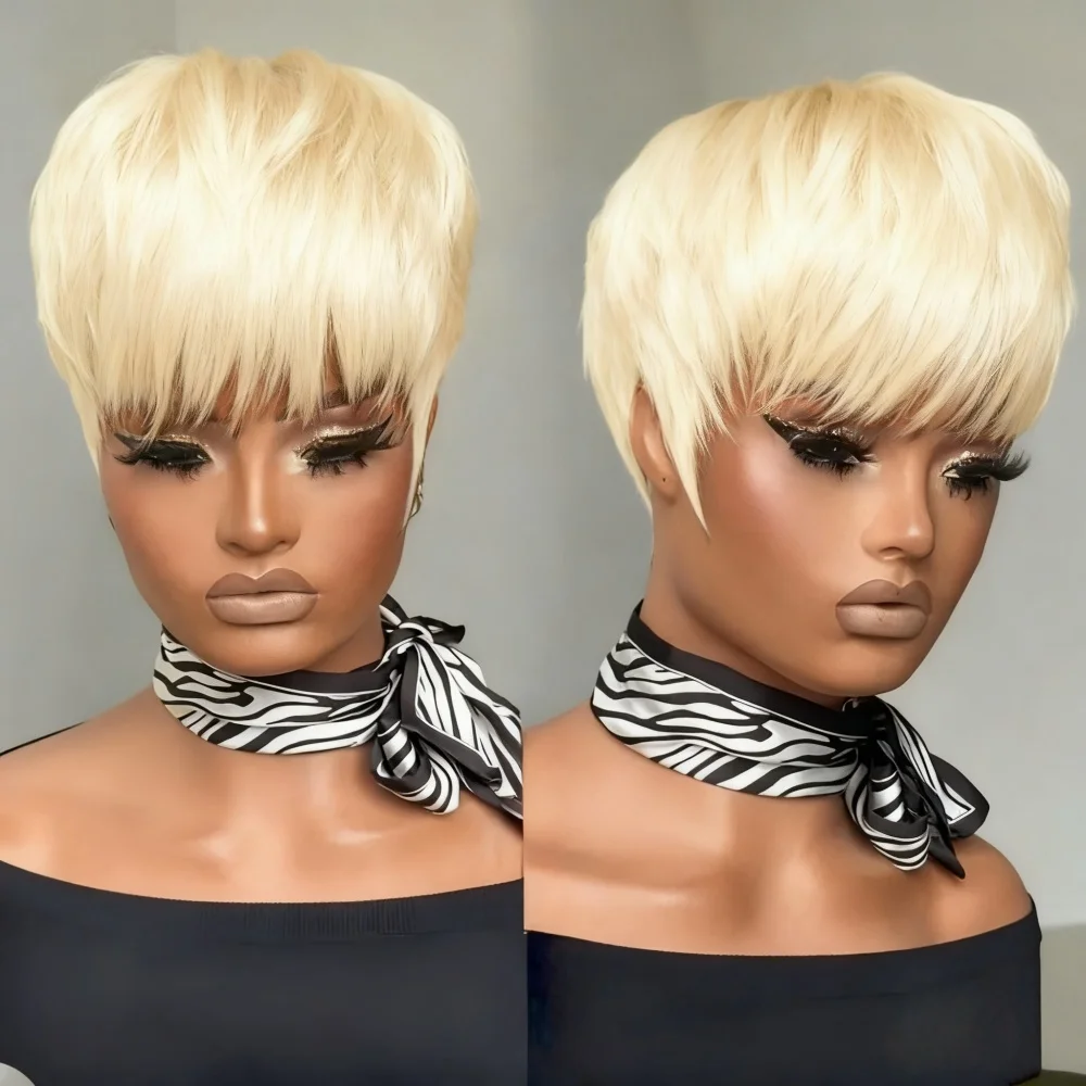 Parrucca corta con taglio pixie con frangia Parrucca per capelli lisci naturale bionda/rossa completamente realizzata a macchina