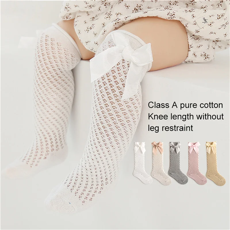 

Newest Baby Girls Breathable Long Socks Elastic Bow Hollowed Soft Lightweight Socks for Daily Party