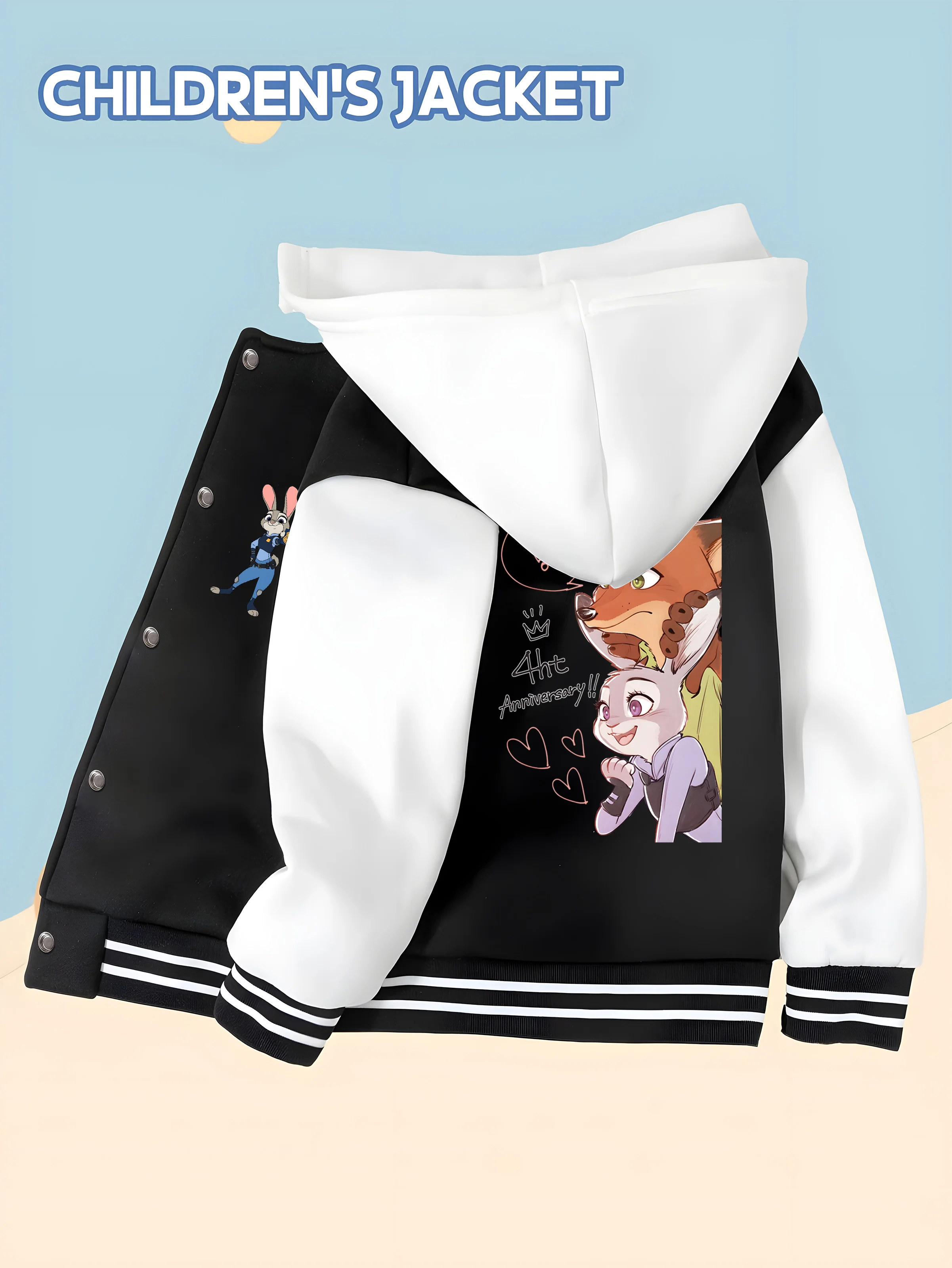 

MINISO Disney Zootopia Baseball Jacket for Boys - Double-sided Judy and Nick interactive print, comfortable for school