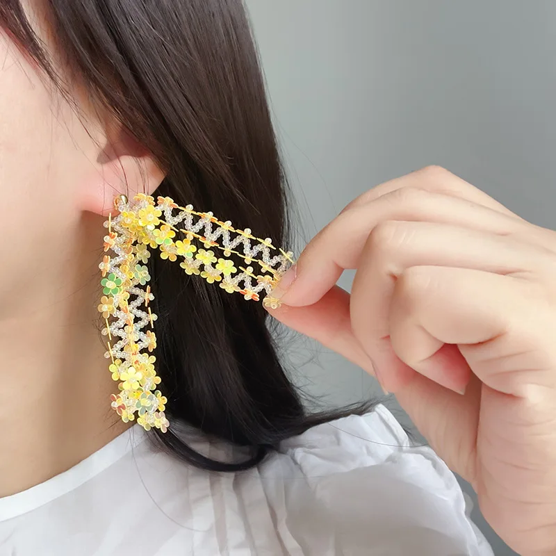 Sequined Flower Tassel Earrings Holiday Style Earrings
