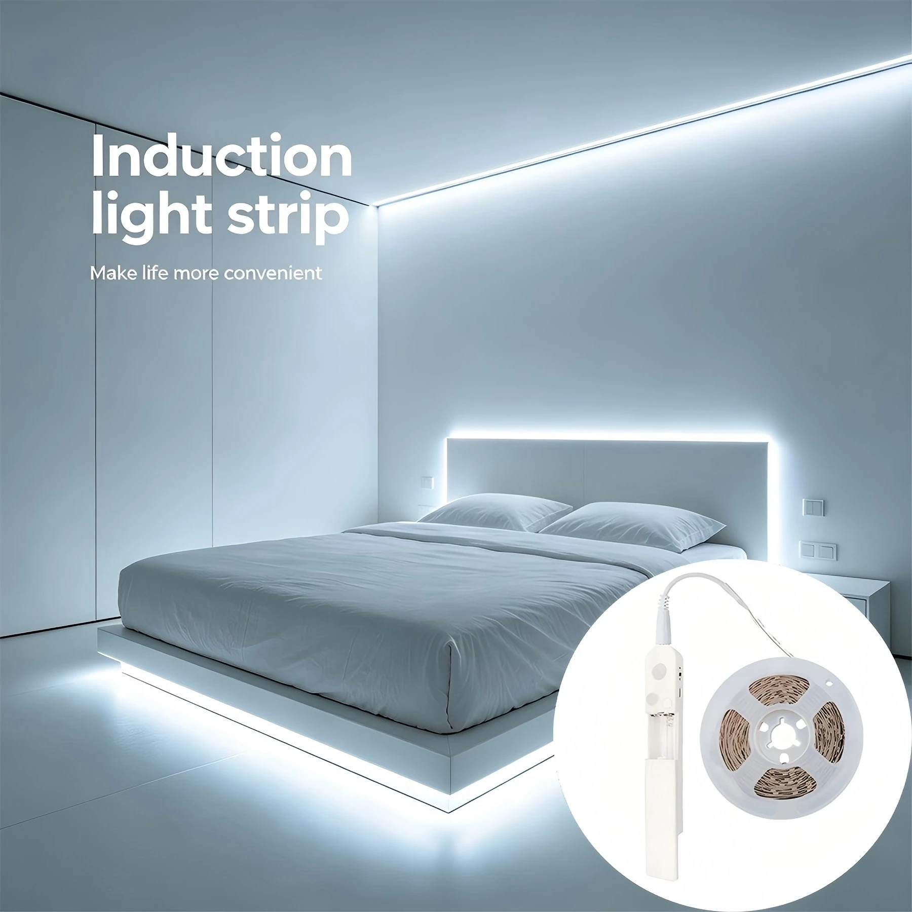 Induction LED light strip with motion sensor, USB powered, self-adhesive, wall-mounted, suitable for cabinet lights and bedside.