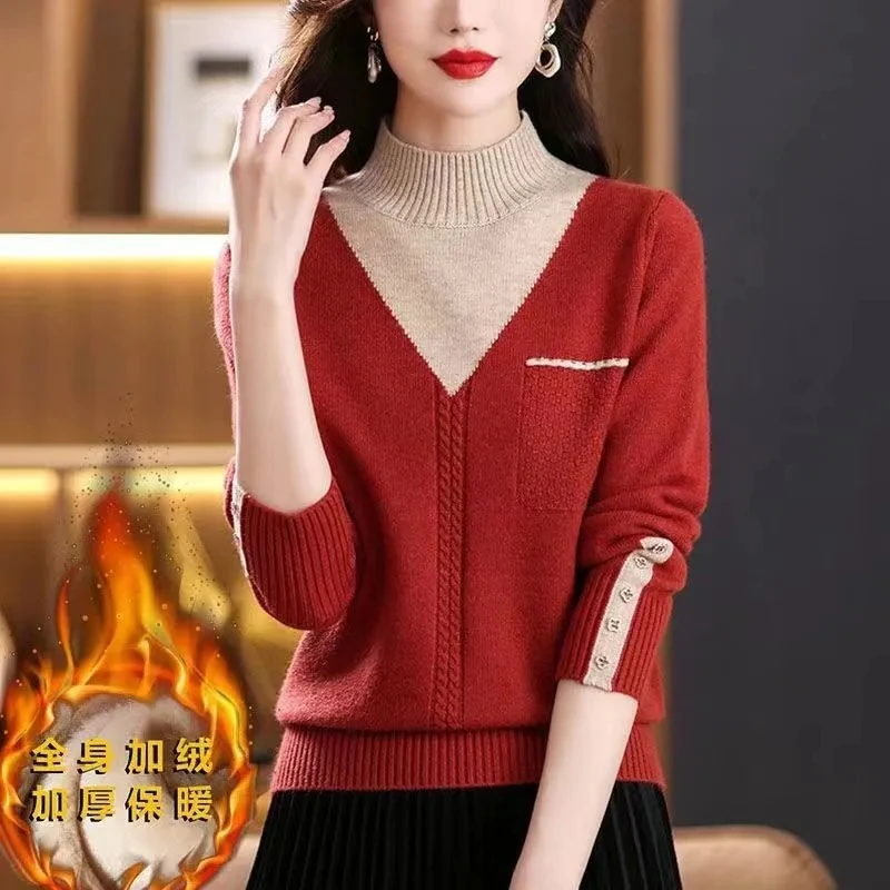 

Autumn Winter Fake Two Piece Color Matching Sweater Women Pullover 2023 New Half High Collar Long Sleeve Knitted Sweater Female