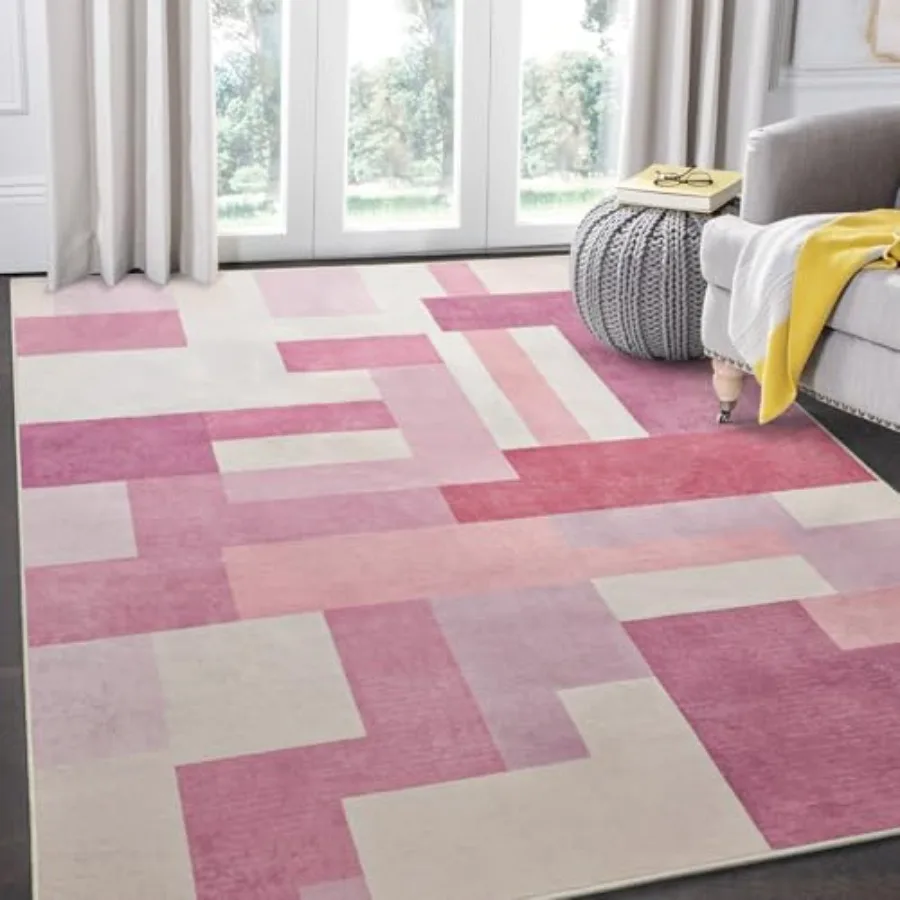 

Modern Geometric Patchwork Area Rug 8x10 Pink Large Rugs for Living Room Rockwood Collection Indoor Rugs for Bedroom Throw Carp