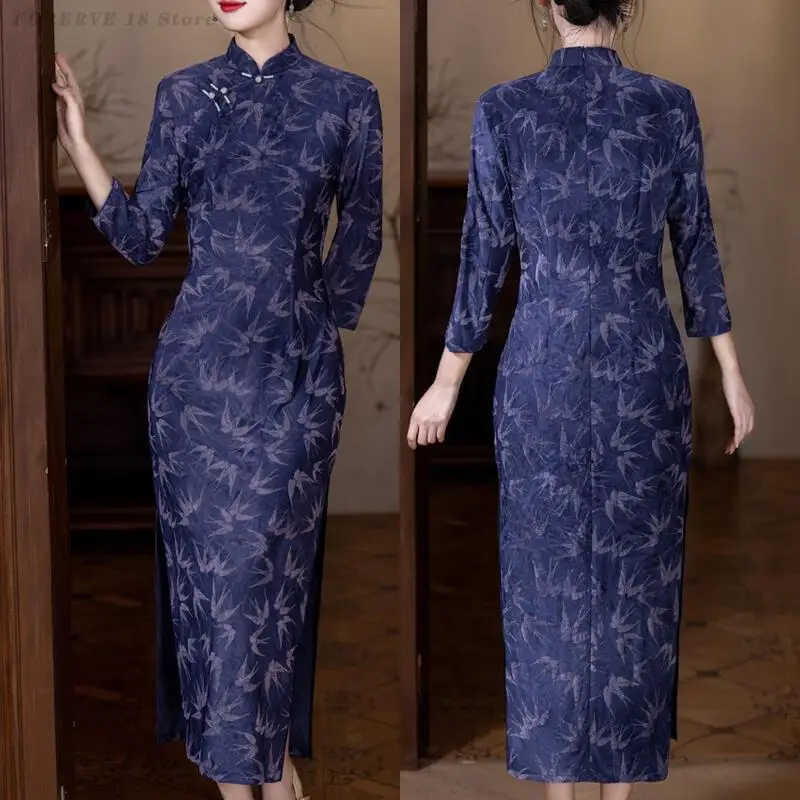 

Большой размер 4XL Cheongsam винтажное традиционное китайское платье с цветочным принтом осень-зима новое Ципао восточное вечернее платье