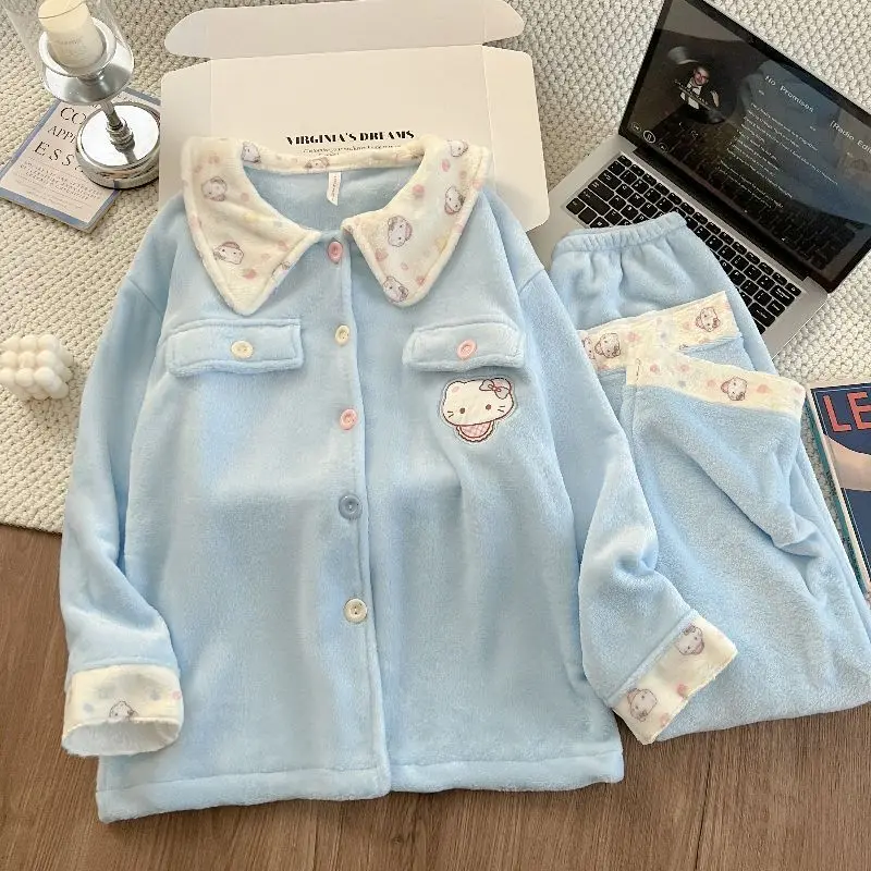 لطيف بلون الفانيلا مرحبا كيتي منامة للفتيات الشتاء طويلة الأكمام بنطلون الكرتون الطلاب المرجان المخملية سميكة الدافئة مجموعة