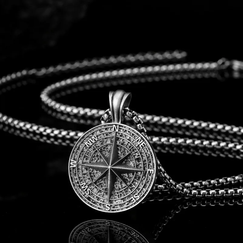 Men Vintage Compass Pendant Necklace Stainless Steel Retro Nautical Compass Medallion Box Chain Neck Jewelry for Male Gift