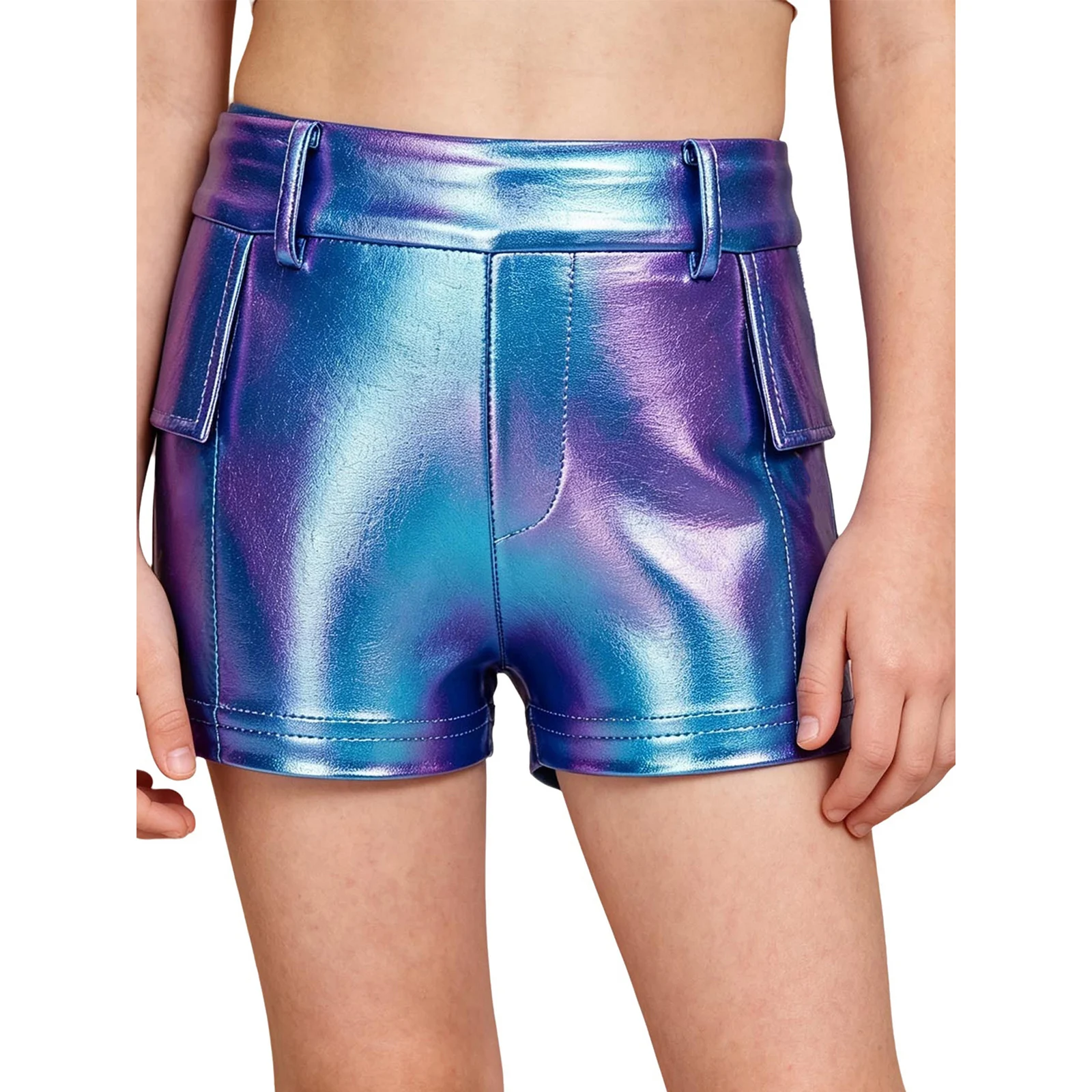 Kinder Modern Jazz Dance Bühnenauftritts-Hosen Mädchen Glänzende Irisierend Hologramm-Shorts PU-Leder Cargo-Kurzhosen – Detail 8