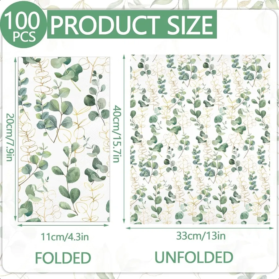 100PCS Greenery Paper Napkins 3 Ply  Hand Towels for Bathroom Green Eucalyptus Leaf Guest Napkins Decorative Dinner Napkins for