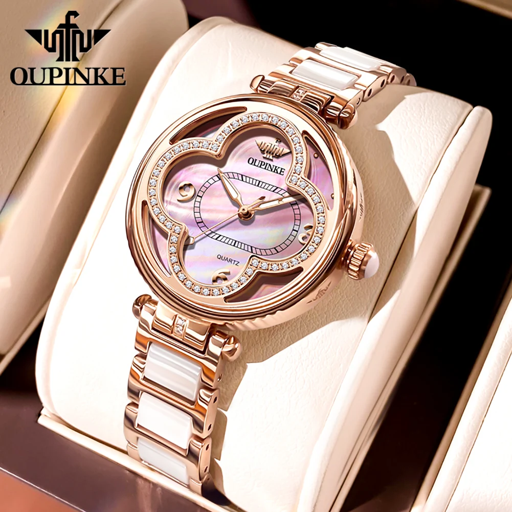 OUPINKE 3272 Women Watch Luxury Swiss Quartz Wristwatch Waterproof Watch Bracelet Set Authentic Product Four-Leaf Clover Dial