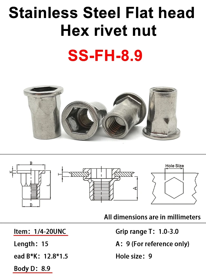 20pcs/pack 1/4-20UNC Inch thread Rivet Nut Insert Stainless Steel and Carbon Steel Round and Hex type