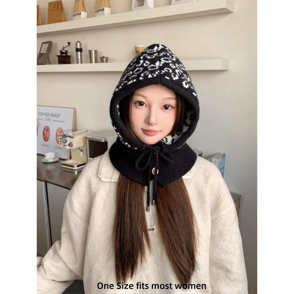 Warm Windproof Leopard Balaclava Hat Drawstring Knit 2-in-1 Hat Neck Scarf Acrylic Blend Adjustable Knitted Hood Hat For Women