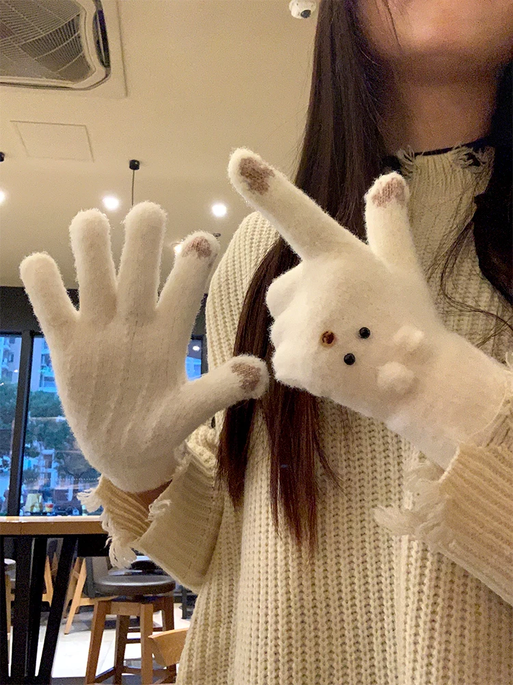 Cute Knitted Woolen Gloves with Fleece  Touchscreen Compatible Five Finger Cycling Gloves for Women Winter Warm