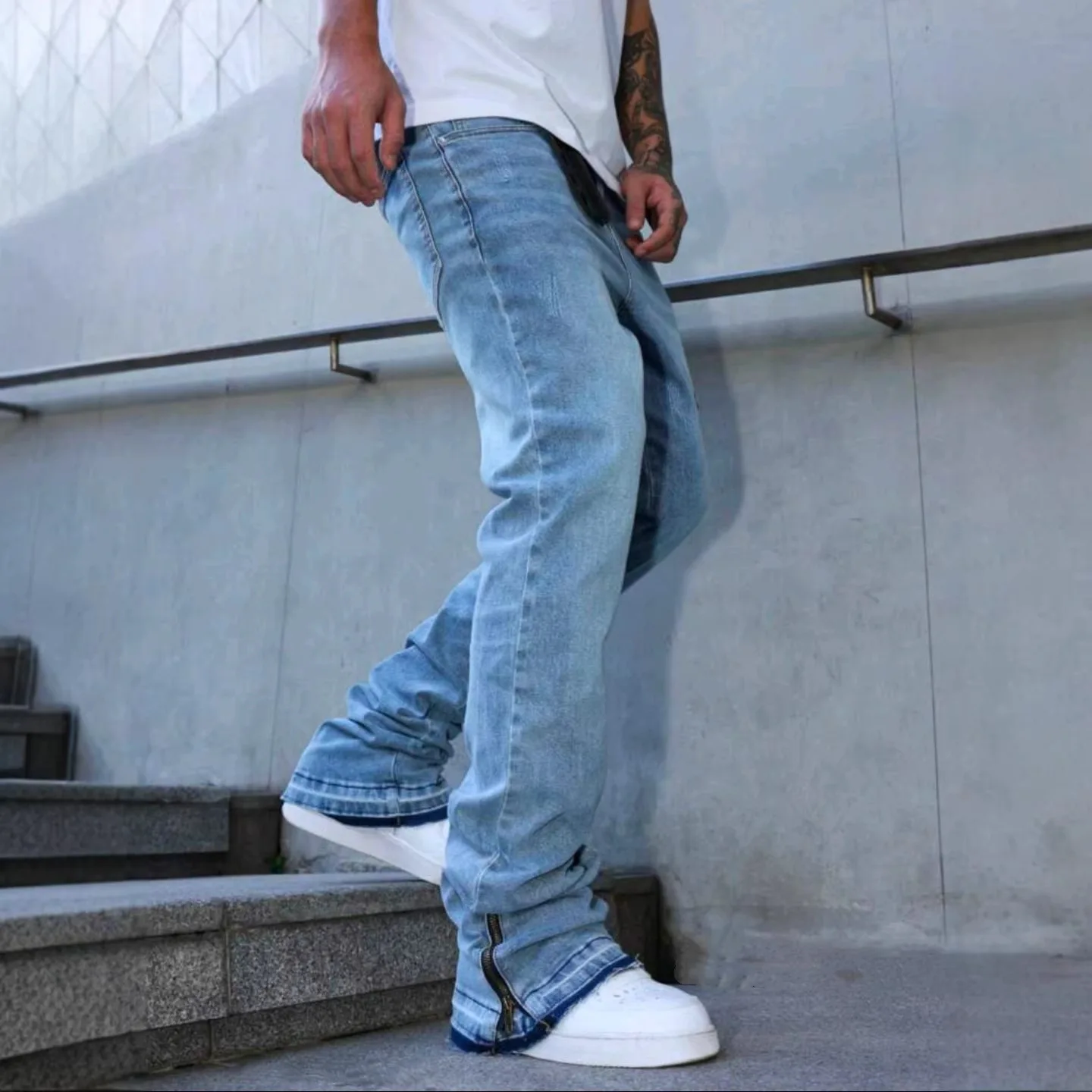Mens Washed Light Blue Jeans Loose Straight Leg Bell Bottom Pants High Street Fashion Casual Trousers view 2