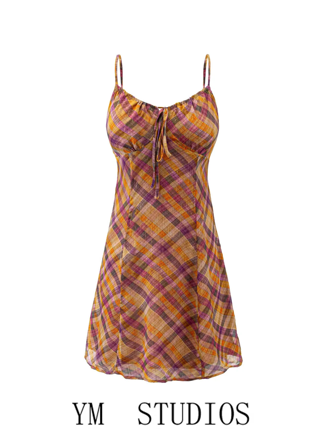 Retro Polka Dot Shiny Gold Thread Trim Halter Dress Women's V-neck Drawstring Holiday Style Short Skirt Polyester Fabric A-li...