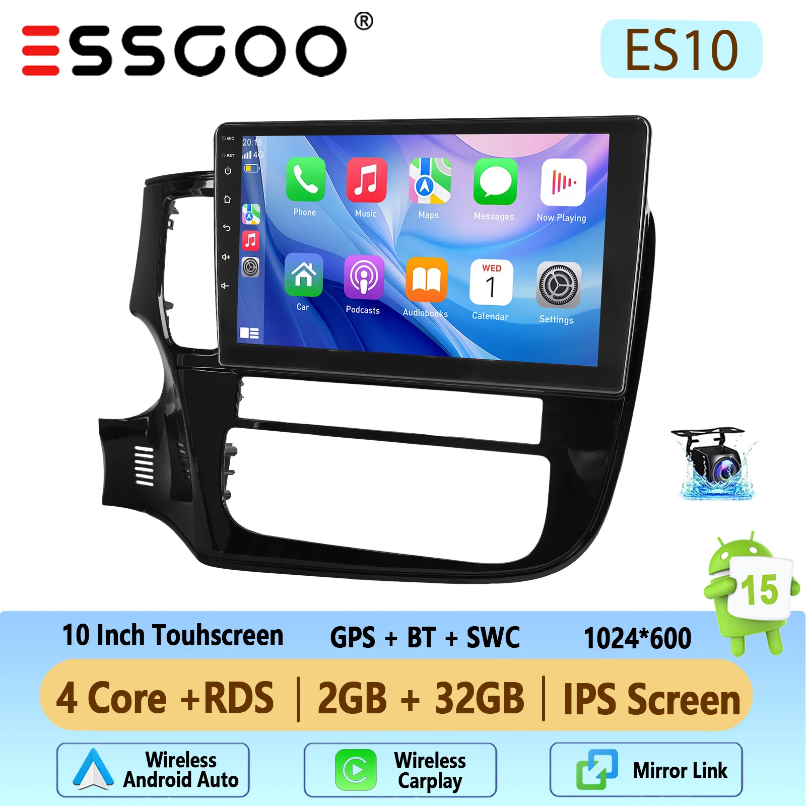 ESSGOO 10 inch Android 15 2+32GB/4+64GB draadloze Carplay autoradio voor Mitsubishi Outlander 2012-2018 GPS navigatie WIFI SWC RDS BT FM ASP