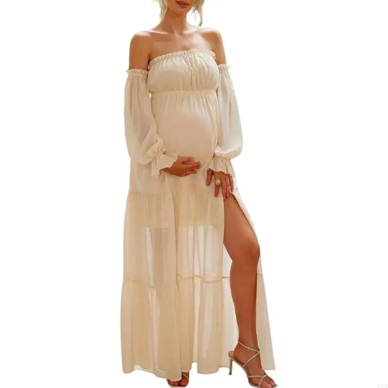 Trendy Off Shoulder Backless Maternity Dress Long Sleeves Pregnancy Wear