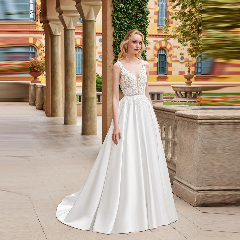

Sexy V-Neck Sleeveless Women Wedding Dresses Lace Flower Printing Mopping Length Bridal Gowns Vestidos De Noiva 2025 Customized
