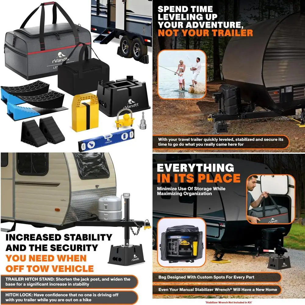 

Travel Trailer/Toy Hauler Leveling, Stability, and Security Kit - Two Axle Leveling kit, Trailer Hitch Stand, Stabilizer Pads, W