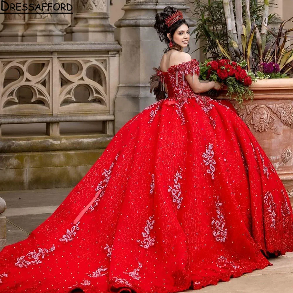 

Красное бальное платье Quinceanera, блестящее Тюлевое платье с аппликацией и открытыми плечами, сексуальные платья, милое праздничное платье на день рождения для 16 девушек