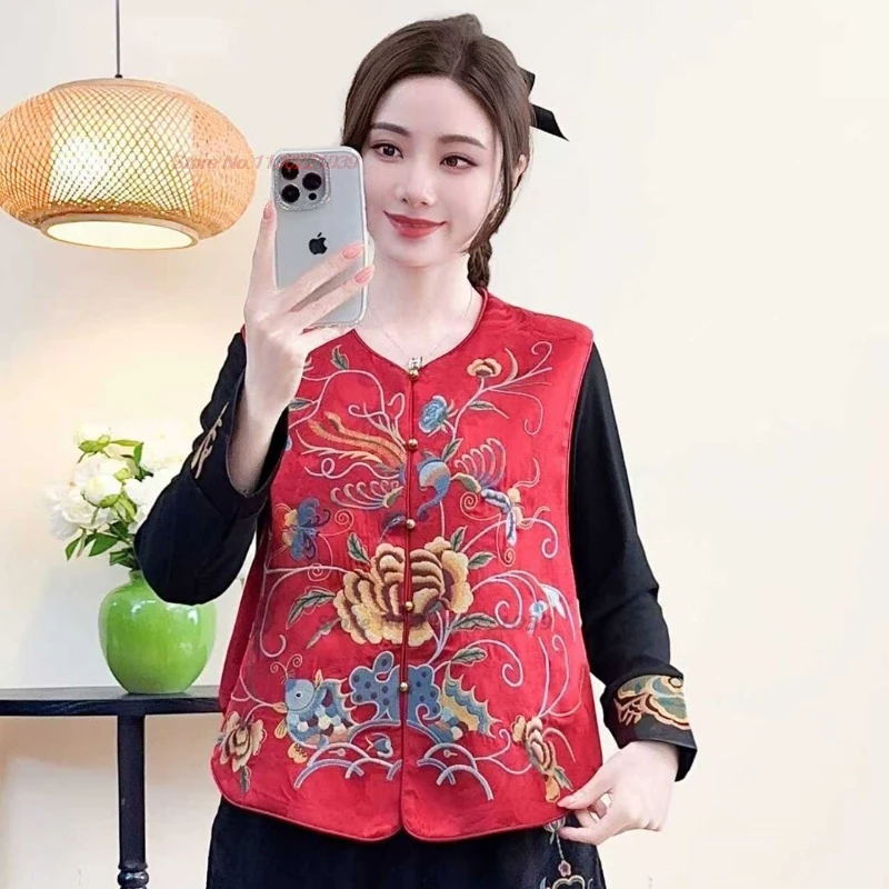 

2026 китайский винтажный жилет, традиционный атласный жаккардовый жилет с круглым вырезом, топы в стиле ханьфу, вышивка национальным цветком, народный жилет, безрукавка.