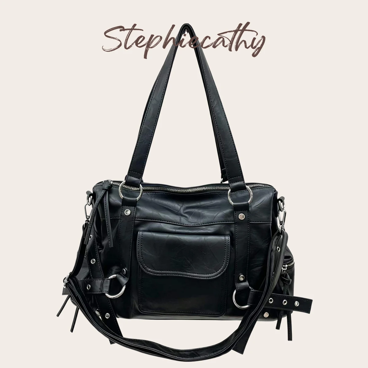 SC Y2K Fashion Street Personalized Women Tote Bag Large Capacity Lightweight Retro Distressed Pure Vegan Leather Shoulder Bag - view 3